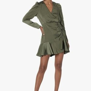 Steve Madden Nyla Long Puff Sleeve Mini Dress Satin Khaki Ruffle Hem Wrap Style